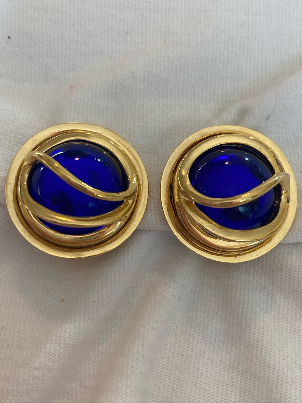 Cobalt Blue Stone Encased  Gold Tone Vintage Clip on Earrings
